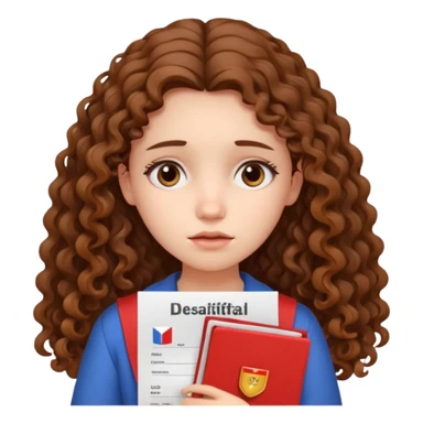 Sad girl with long curly brown hair shows her IELTS certificate with a low score in disappointment sticker