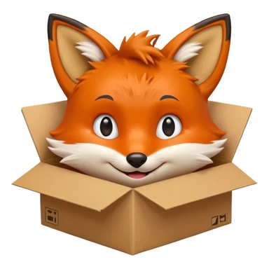 smiling fox peeking out of a box, looking up, emoji style sticker