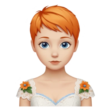 27 year old woman, orange hair, pixie cut, blue eyes, wedding dress sticker