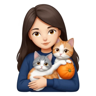a girl with long dark brown hair, in a navy sweater, hugs a persian peaknose grey cat and persian peaknose orange and white kitten and a persion peaknose brown tabby and white cat sticker