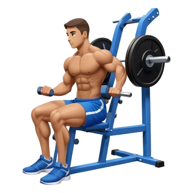 side-view bodybuilder in blue shorts seated weighted calf-raise machine on his tip toes sticker