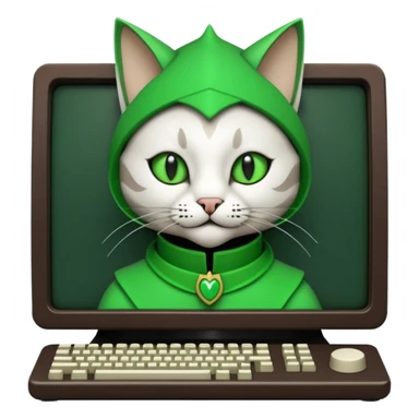 mac os icon code computer retro terminal, black, green white, fantasy court jester cat draw as ASCII GREEN code inside the terminal sticker