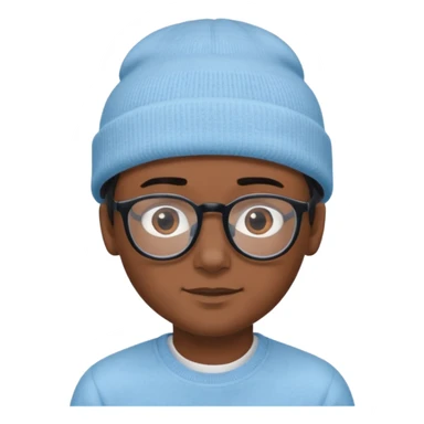 A boy or man emoji with medium-dark skin, wearing a light blue beanie and black-framed glasses, with brown eyes, dark eyebrows, a small nose, and a subtle smile on a clean-shaven face. sticker