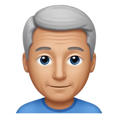 Middle aged man with tanned skin, receding black to grey hair and no beard, blue eyes, shy smile sticker