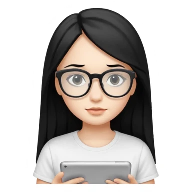 Long black hair girl in a white T-shirt and black square glasses  studying with an Ipad. sticker