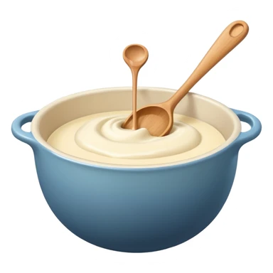 a cream ceramic mixing bowl with a wooden spoon stirring sticker