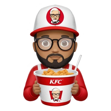 BBNO$ rapper sitting in a KFC bucket, glasses, beard, snapback cap sticker