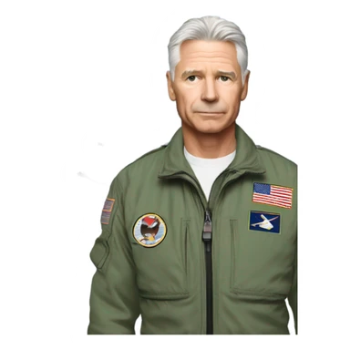 Older white fighter pilot standing beside F-16 sticker