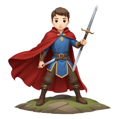 Character leaning on a sword stuck in the ground, wind whipping cape sticker
