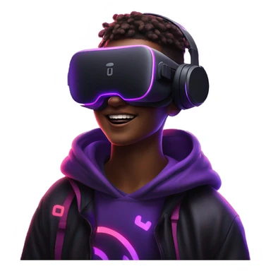 Happy student wearing a black hoodie with "OMG" letters on it and VR headset oculus quest 2 in a cyberpunk VR environment with violet neon lighting. sticker