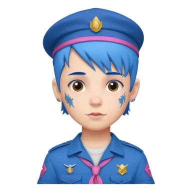scout boy with very pink scout uniform, blue haired and hat, tattoed sticker