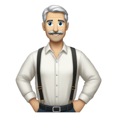 side a white man with blue eyes a thick dark brown and grey moustache, down turned black eyebrows and then dark grey hair he’s wearing an expensive watch and a white shirt and black dressy pants with beige loafers he’s looking at her smiling”  sticker