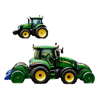 Baler – New Holland Roll-Belt 560 (2018) – Cinematic-realistic John Deere 6155M tractor towing a New Holland Roll-Belt 560 baler, its deep green body contrasting with the bright blue baler. The massive machine moves steadily through golden fields, compressing freshly cut hay into tight round bales, while dust swirls under the blazing afternoon sun. sticker