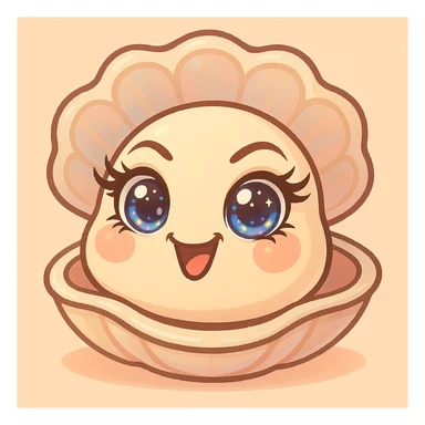 Create a version with even more expressive and luminous eyes, elegant eyelashes, and enhanced pastel, pearly, cream, peach, and greige shades. Keep the large shell, the small oyster, the pastel toon style, the background, and the mischievous expression as in the reference image. sticker