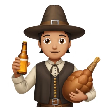 Mexican mandressesd as  pilgram Thanksgiving holding a Turkey drumstick and a bottle beer sticker