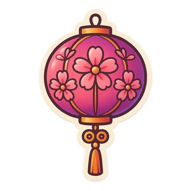 Create a cute and beautiful Chinese lantern with flowers, similar to the reference image in the top row left. Use the retro-stickers style with clean lines, soft shapes, pastel and pink shades. The background should be transparent. sticker
