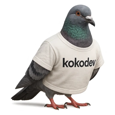a realistic pigeon wearing a t-shirt with the text 'kokodev' on it, clear and readable, photorealistic, detailed feathers and fabric, natural colors, natural pose sticker
