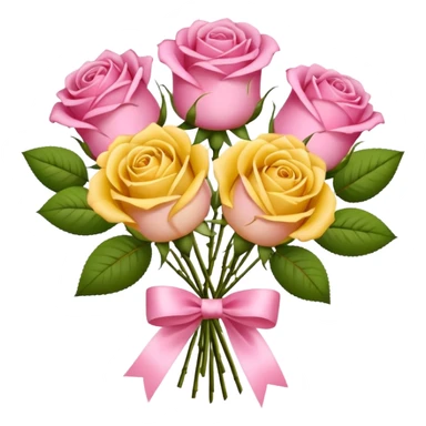 A bouquet of flowers, composed of pink and yellow roses, four blooms in total, tied with ribbon. sticker