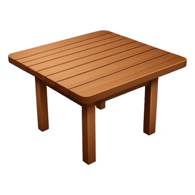 Generate a 3D  table in the same style as the referenced chair image: warm brown wood, subtly textured, slightly angled perspective, clean edges, realistic but minimal shading, on a transparent or plain white background. Keep the design simple and clearly readable at small sizes sticker