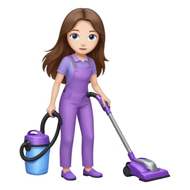 beautiful girl with long brown hair, blue eyes and wearing light purple clothes, cleaning and vacuuming sticker