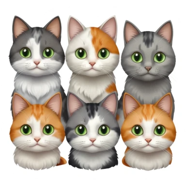 6 realistic looking cats with different natural coloured coats, assorted grey and white, greys, calico, brown and white colours etc
 sticker