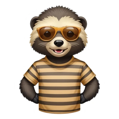 friendly anthropomorphised honey badger, close crop showing head, neck, and top of t-shirt with a striped design, wearing sunglasses sticker