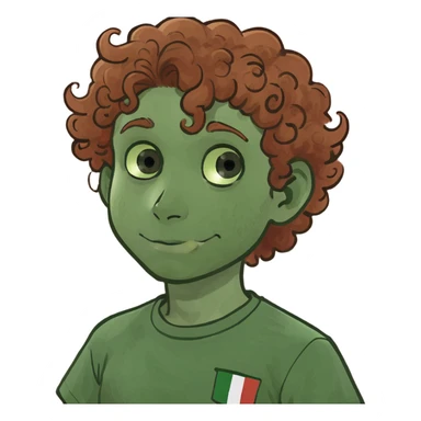 Curly reddish brown haired boy Italy shirt  walking Shiba Inu dog sticker