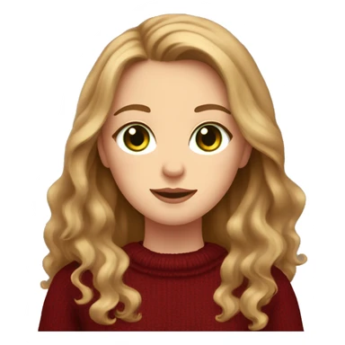 White girl with green eyes and long light brown wavy hair wearing a dark red sweater and holding a tortoiseshell cat sticker