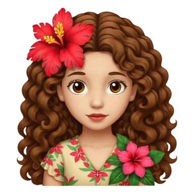 Chica morena clara de ojos marrones cabello rizado largo de lado y una flor hawaiana en el cabello  sticker