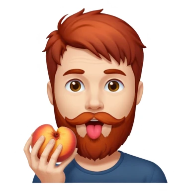 Dark haired Man with red beard licking peach sticker