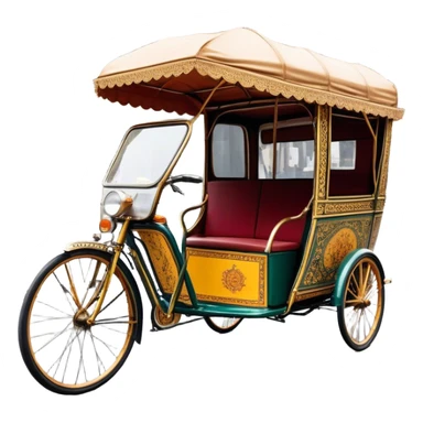 Cyclo rickshaw – Cinematic Realistic Cyclo Rickshaw, depicted as a charming, ornately painted three-wheeled cycle taxi with vintage detailing, set on bustling city streets under dynamic urban lighting that evokes cultural heritage and nostalgic charm. sticker