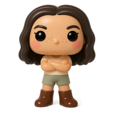 Funko Pop style vinyl figure, enhanced version: superior quality, smooth tanned skin, detailed dark hair, textured clothing with cream top and greige bottoms, dark greige leather boots clearly visible, arms crossed, rosy cheeks, very discreet freckles, mischievous and cheerful expression, no mouth, transparent background. sticker