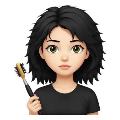 a pretty bratz fair girl with messy shaggy black hair with mascara smudged wearing a tight black tee with a hair brush stuck in hair sticker