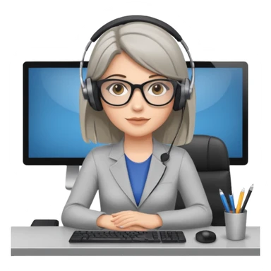 donna bionda occhi azzurri con occhiali grigio/neri, capelli media lunghezza lisci, davanti al pc alla sua scrivania. è una grafica editoriale e redattrice sticker