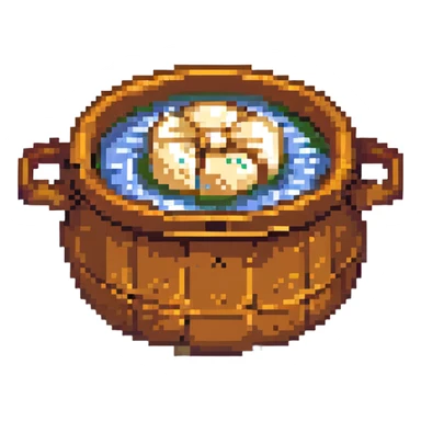 pixel art dumpling in a pot of boiling water, pixelated, retro game style sticker