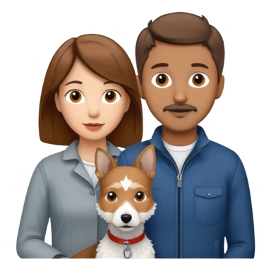 Quiero una pareja la mujer con el pelo castaño y el hombre con el color apenas moro hito con un perro Fox terrier blanco con gris  sticker