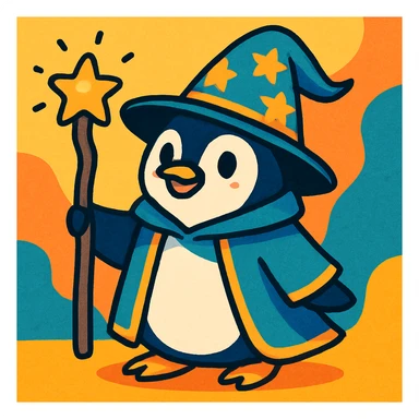 a penguin dressed as a wizard, with a pointy hat and a magic staff, in a fun and whimsical style, vibrant toon style, colorful and playful sticker