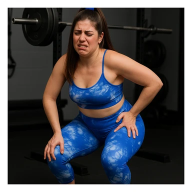 Realistic woman in 4K inspired by the reference photo, in a gym trying to do a squat but stopping due to hip pain, expression of frustration. sticker