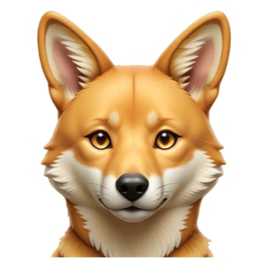 Cinematic Noble Dingo Portrait Emoji, Poised and regal, with a lean, agile build and a short, sandy-tawny fur that speaks of the wild outback, deep-set soulful amber eyes and alert ears, Simplified yet sharp and sophisticated features, highly detailed, glowing with a soft, dignified glow, high shine, intelligent and resourceful, stylized with an air of untamed elegance, focused and attentive, soft glowing outline, capturing the essence of a watchful and confident wild canine, so majestic it feels as though it could trot out of the screen with effortless authority! sticker