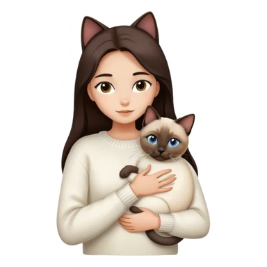 a girl with long dark brown hair, in a white sweater, hugs a Siamese cat sticker