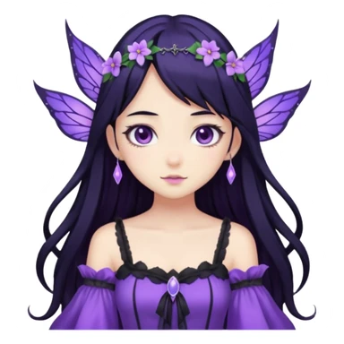 Gothic anime fairy with long beautiful black hair and purple dress, pastelcore, sticker