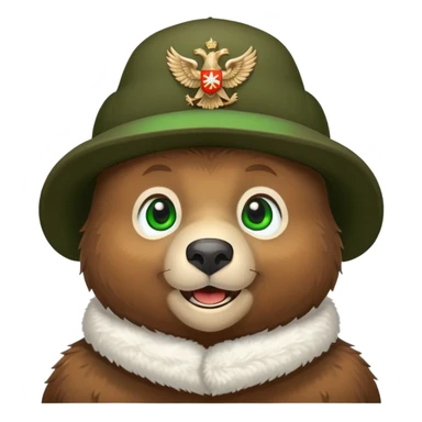 Endearing brown bear head with cute smile and bright green eyes, wearing white ushanka hat with detailed Russian eagle emblem in middle, iOS emoji style sticker