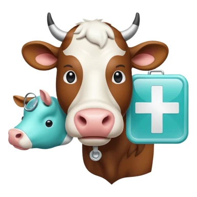 Emoji-style icon of a cow and buffalo with a medical cross and scan frame overlay, representing disease detection and health analysis. Friendly, clean, rounded design, clear at small sizes, teal and white accents, no text, transparent background. sticker