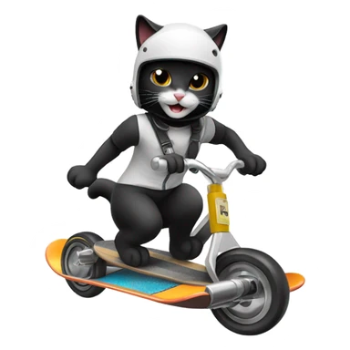 Grinning Black and white cat skateboarding with tiny crash helmet  sticker