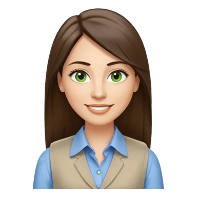 43 year old Adult woman avatar, light skin tone, long, oval face, long straight ashy brown hair, green almond-shaped eyes with dramatic eyelashes and minimal eyeliner, neutral mouth, medium straight eyebrows, average nose, smooth skin,  white collared button down shirt, blue vest sticker