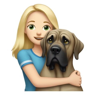 Blonde girl with blue eyes hugging a striped color english mastiff dog sticker