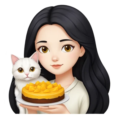 A beautiful girl with long black hair holding a mango cake and a white long-haired cat sticker