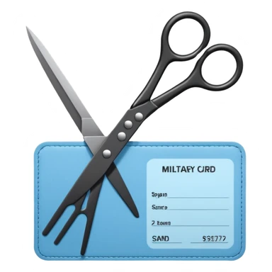 Floating black Scissors cutting a light blue military ID card in 2 parts .hyper realistic sticker