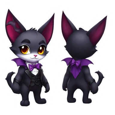 Anthro-Cute-Edgy-Vampiric-Batty-Cat-Black-Purple-Red-Grey-White-Yellow-Contrast-Colors-Fantasy-Fur-Sona-Chibi-Shiny-Fakémon-Hybrid with horns and big fangs collar bow ties leg spats full body sticker