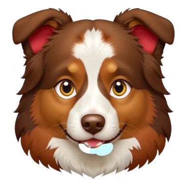 A tri color Australian shepherd with a chocolate brown base coat, red/gold fur on his eyebrows and snout/cheeks, a white chest, and gold eyes. No white fur on his face, only brown and gold. sticker